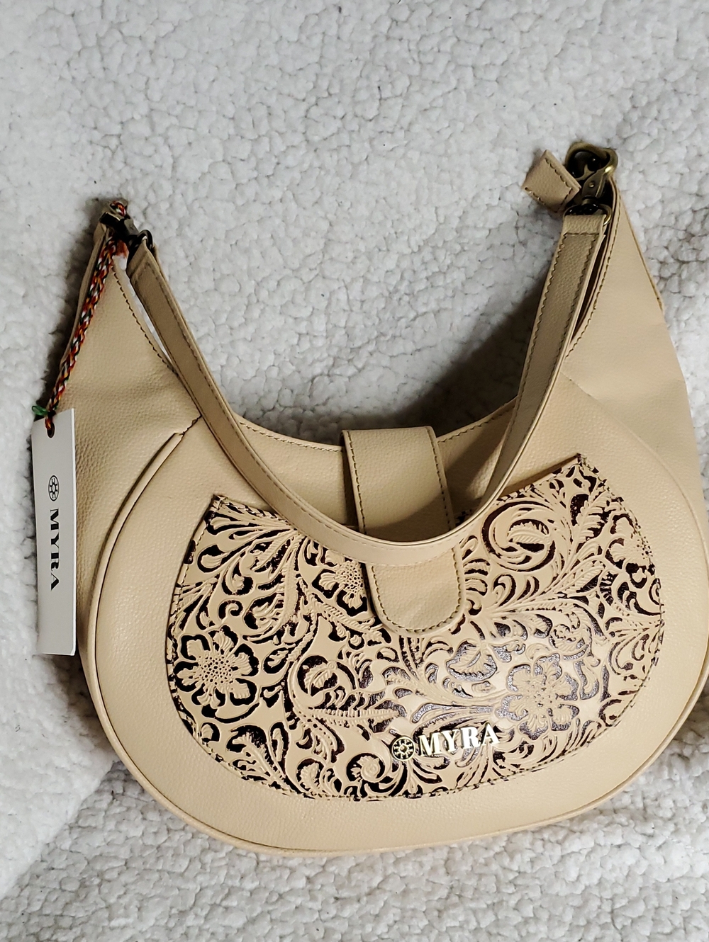 Myra Bag Cream Laser-Cut Crescent Hobo Shoulder Bag